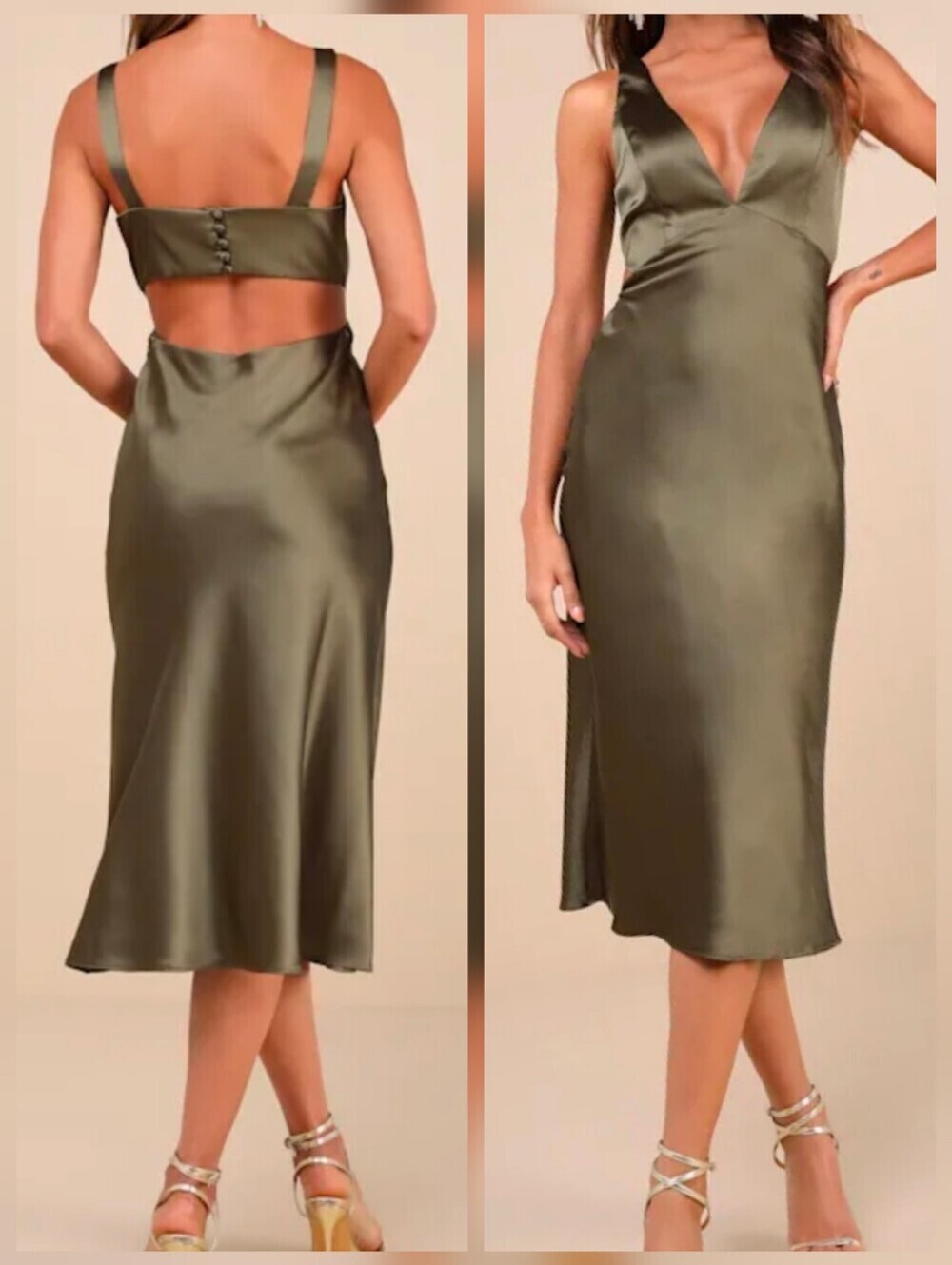 Lulus SMALL Unmatched Elegance Olive Satin Sleeveless Open-Back Midi Dress